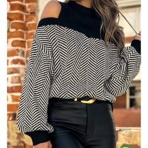 Women's Chevron Mock Neck Ribbed Cold Shoulder 2X Sweater Y2K Edgy Grunge Winter